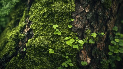 Green moss and tiny green plants cover tree bark closely