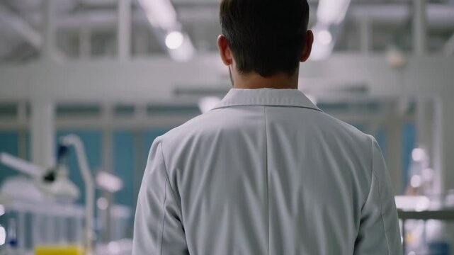 A Caucasian Male Scientist in a Lab Coat Standing in a Modern Laboratory, Observing Ongoing Experiments and Research Operations in a High-Tech Environment