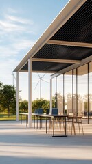 Fototapeta premium Outdoor workspace, laptops, wind turbines, park