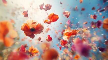 Vibrant Explosion of Colorful Flower Petals Against a Bright Sky Background Capturing Nature's Beauty and Serenity