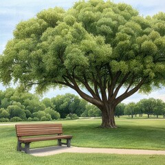 Scenic Park Scene With Large Tree And Bench