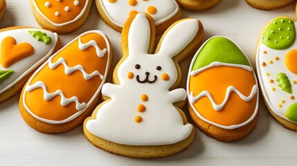 Obraz premium Decorative Easter Cookies Featuring Bunny and Colorful Egg Designs on White Surface