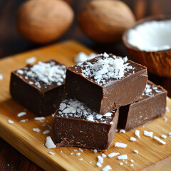 Fudge pieces topped with shredded coconut on a wooden board, coconuts background
