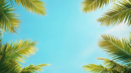 Tropical palm leaves frame clear blue sky, creating serene and sunny atmosphere. vibrant green foliage contrasts beautifully with bright sky, evoking sense of relaxation and warmth