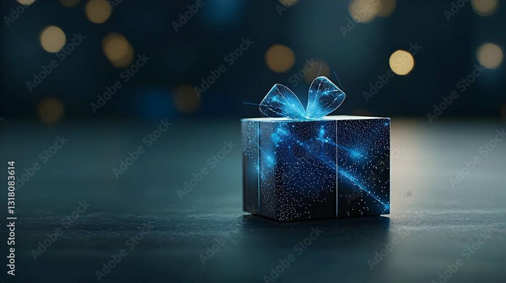 Poster a futuristic glowing blue digital gift box rests on a dark surface with a sparkling and blurred boke