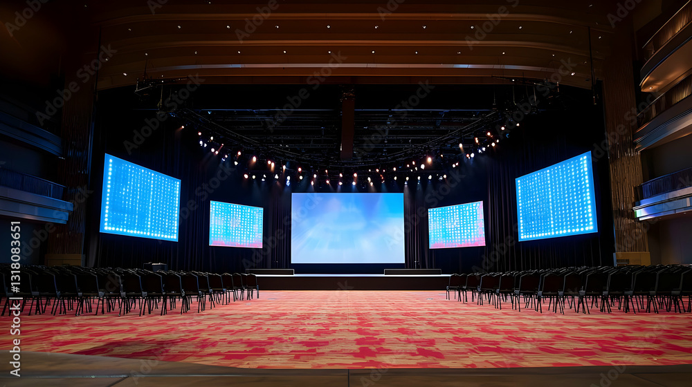 Poster Large Empty Auditorium Stage Setup With Red Carpet And Digital Screens Illuminated By Spotlights