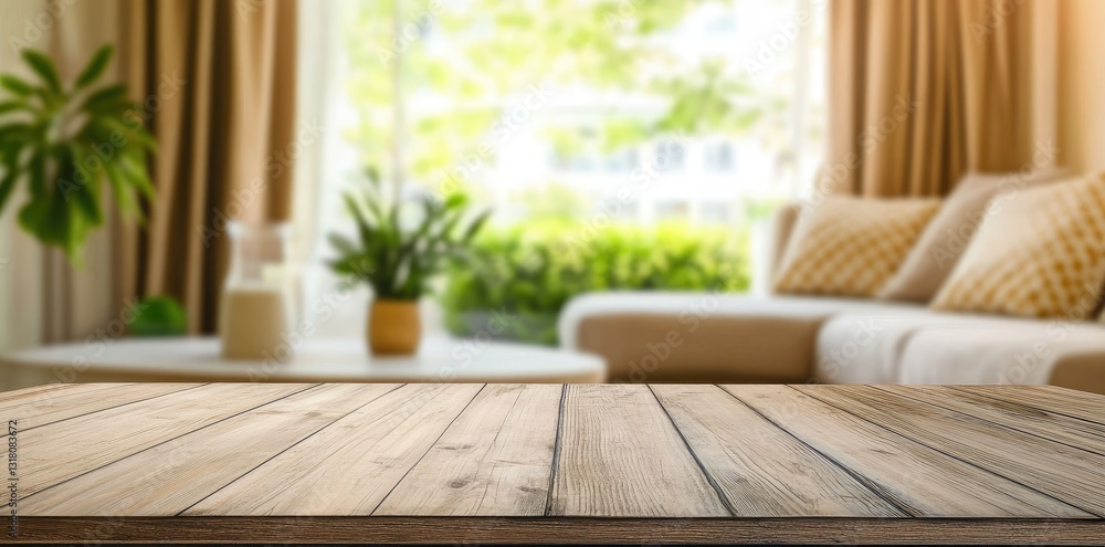 Poster rustic wooden table with a blurred cozy living room in the background, creating a warm and inviting 