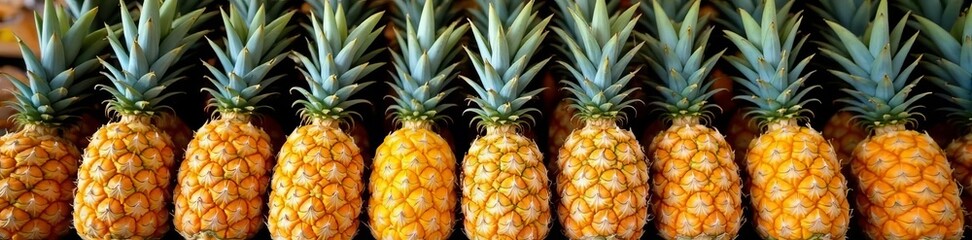 Fototapeta premium Pineapples piled up for sale at a farmer's market, tropical, exotic, delicious
