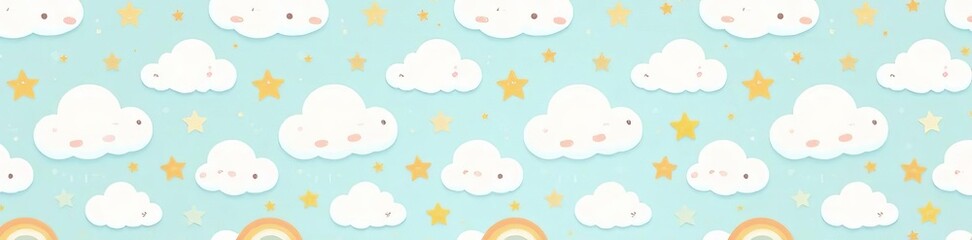 Playful design featuring adorable cloud and star illustrations in a repeating motif, illustration, star, cloud