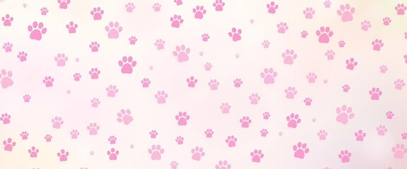 Soft pastel gradient backdrop with scattered playful paw prints in various sizes and shades, adorable, kitten