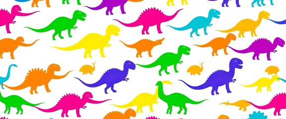 Fototapeta premium Vibrant colorful dinosaur silhouettes repeat seamlessly on a white background, cretaceous, fabric