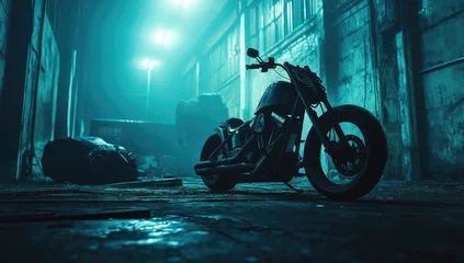 Fototapete Motorrad Nighttime urban alleyway with a parked custom motorcycle.  © Ikram