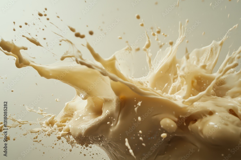 Poster dynamic splash of creamy liquid creating an artistic pattern against a neutral background