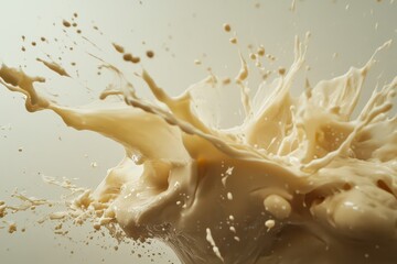 Dynamic splash of creamy liquid creating an artistic pattern against a neutral background