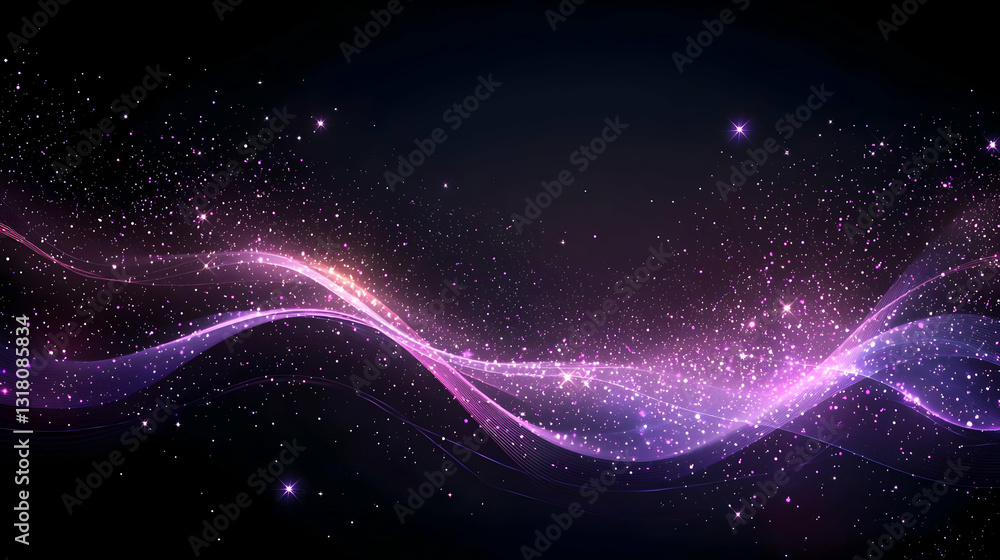 Poster abstract purple wave with sparkling particles on dark background displaying energy and motion