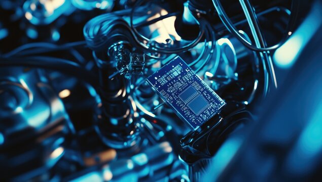 Close-up of a circuit board hanging in a car engine.
