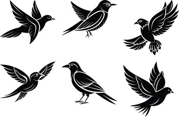 Black and White Bird Silhouettes: Vector Illustration of Flying Birds, Swallows, Doves, and Songbirds in Flight for Graphic Design Elements