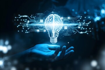 Innovative Idea: A Hand Holds a Lightbulb Shaped Brain Representing Artificial Intelligence 