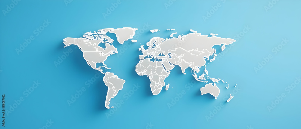 Poster 3d rendered white world map on a light blue studio background with subtle shadow detail for global r