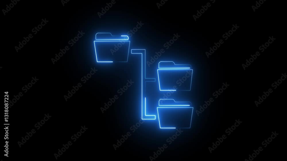 Poster neon glowing line folder tree icon isolated on black background. computer network file folder organi