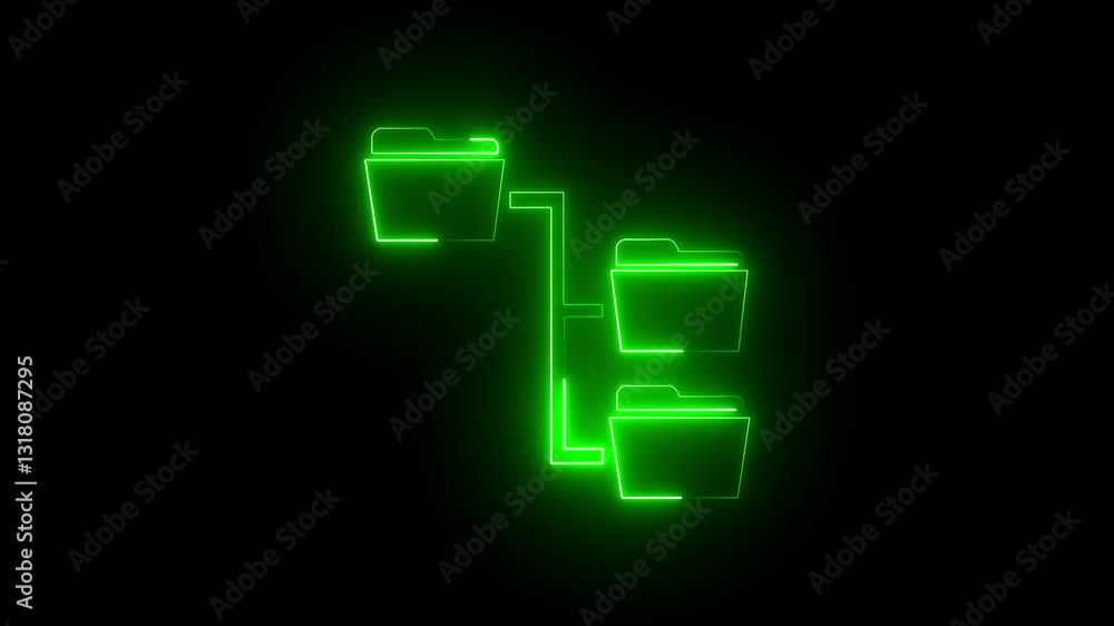 Poster neon glowing line folder tree icon isolated on black background. computer network file folder organi