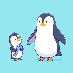 Vector illustration of penguin and penguin cub. Cute cartoon of penguin, baby penguin holding a fish.
