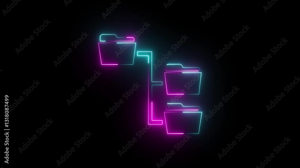 Poster neon glowing line folder tree icon isolated on black background. computer network file folder organi