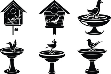 Black and White Birdhouses and Birdbaths Vector Illustration: Birdhouse with Bird, Birdbath with Bird, Bird Art, Graphic Design Elements