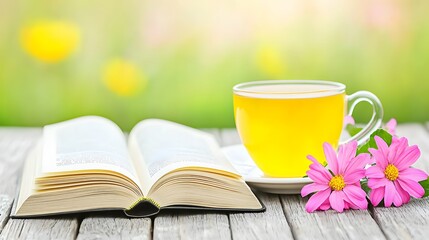 Relaxing Moment with a Cup of Yellow Tea and an Open Book Surrounded by Fresh Flowers in Nature