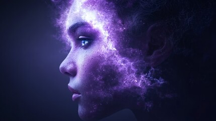 AI Art  Woman s Face  Purple Nebula  Energy  Cosmic  Mystical  Fantasy Portrait