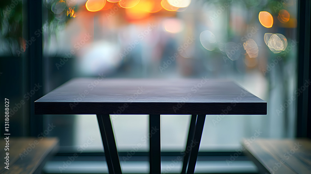 Aufkleber empty dark wood table by window with city view and bokeh effect at night in cafe restaurant with woo