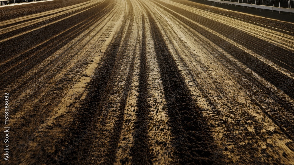 Poster empty horse racing track with elongated shadows during sunset creating a serene atmosphere and invit