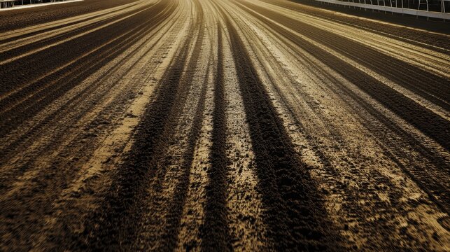 Empty horse racing track with elongated shadows during sunset creating a serene atmosphere and inviting anticipation for the next race event
