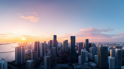 Obraz premium Aerial Panoramic View Of Miami City Skyline At Vibrant Sunset With Colorful Cloudscape And Ocean