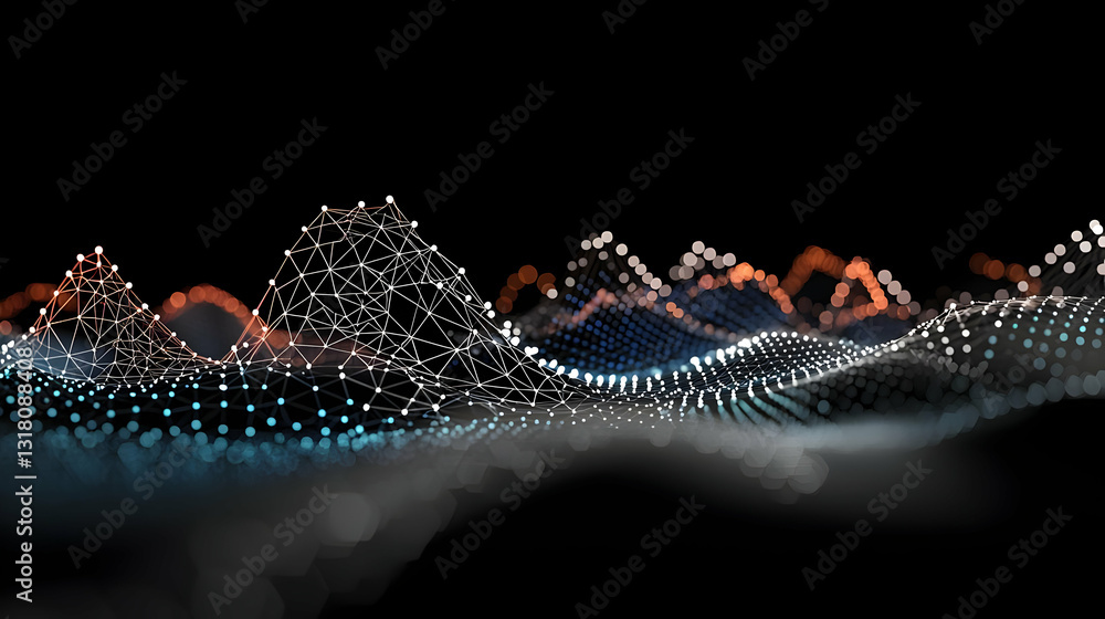 Aufkleber abstract digital wave formation with glowing points and geometric shapes on dark background
