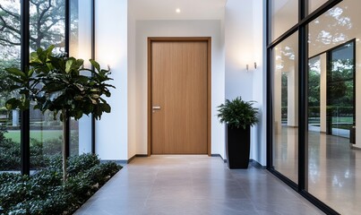 Fototapeta premium Entryway door in hallway with plants, view through the glass to garden