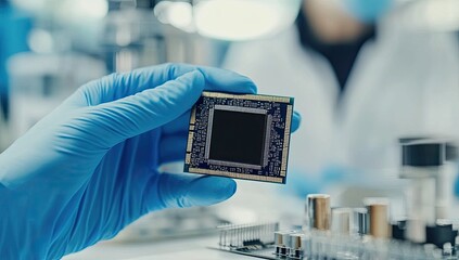Gloved hand holding a microchip in a lab. (2)