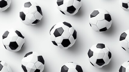 Aerial View of Classic Soccer Balls Arranged in a Pattern on a White Background, Perfect for Sports, Games, and Team Activities