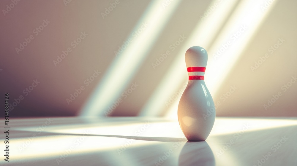 Poster isolated bowling pin on polished wooden surface with soft light rays illuminating the scene, creatin