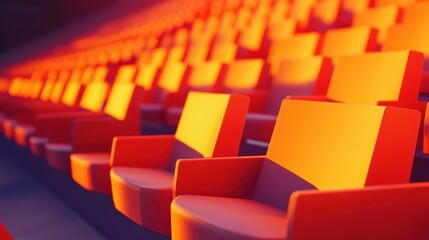 Fototapeta premium Empty vibrant stadium seating illuminated by warm lighting, showcasing rows of modern chairs in a dynamic and inviting atmosphere