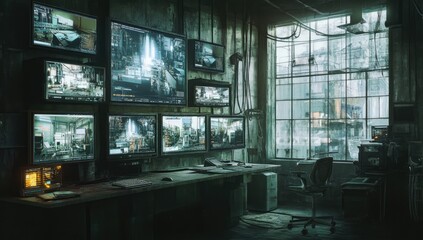 Dark, gritty surveillance room with multiple screens displaying various scenes.
