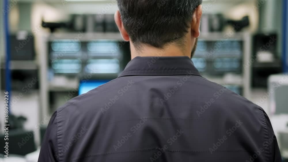Poster a middle-aged hispanic man overseeing technology operations in a modern laboratory environment, focu