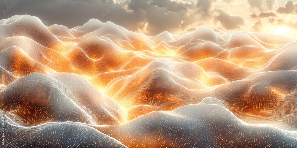 Poster futuristic landscape with glowing waves and soft textures under cloudy sky