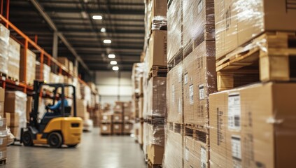 Forklift moving boxes in large warehouse. (3)