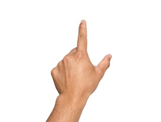 Men's hands making gestures like I'm pointing at something. or touch the phone screen Isolated on white background.