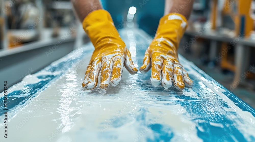 Aufkleber worker in yellow gloves smoothing resin on a surfboard in a workshop with tools in the background