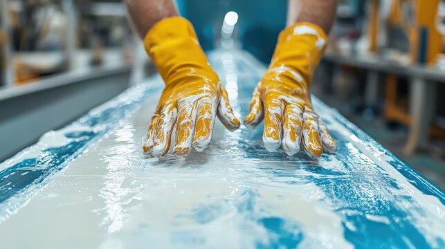 Worker in yellow gloves smoothing resin on a surfboard in a workshop with tools in the background - Powered by Adobe