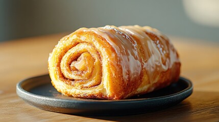 Fototapeta premium Indulging in warm cinnamon roll pastry cozy kitchen ambience close-up food photography soft ambient lighting tempting dessert concept for food lovers