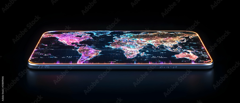 Aufkleber illuminated world map displayed on a smartphone screen in a dark background with neon light effect