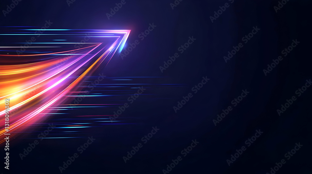 Poster dynamic abstract light trails forming an ascending arrow against a dark blue background representing